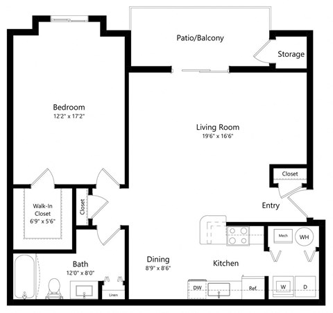 Floor plan for 1 bed, 1 bath, 920 sqft